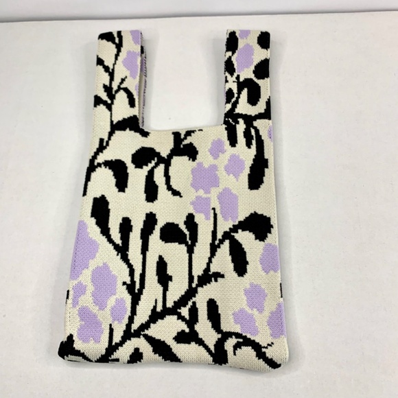 2 knit boho wrists purse totes, black white ribbon and lavender floral pattern - Picture 4 of 14